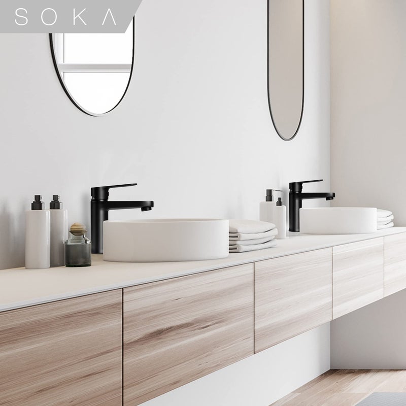 SOKA Brass Bathroom Faucet Matte Black with Pop-up Sink Drain Stopper & Deck Plate - 1 or 3 Hole Single Handle RV Faucet - Image 2
